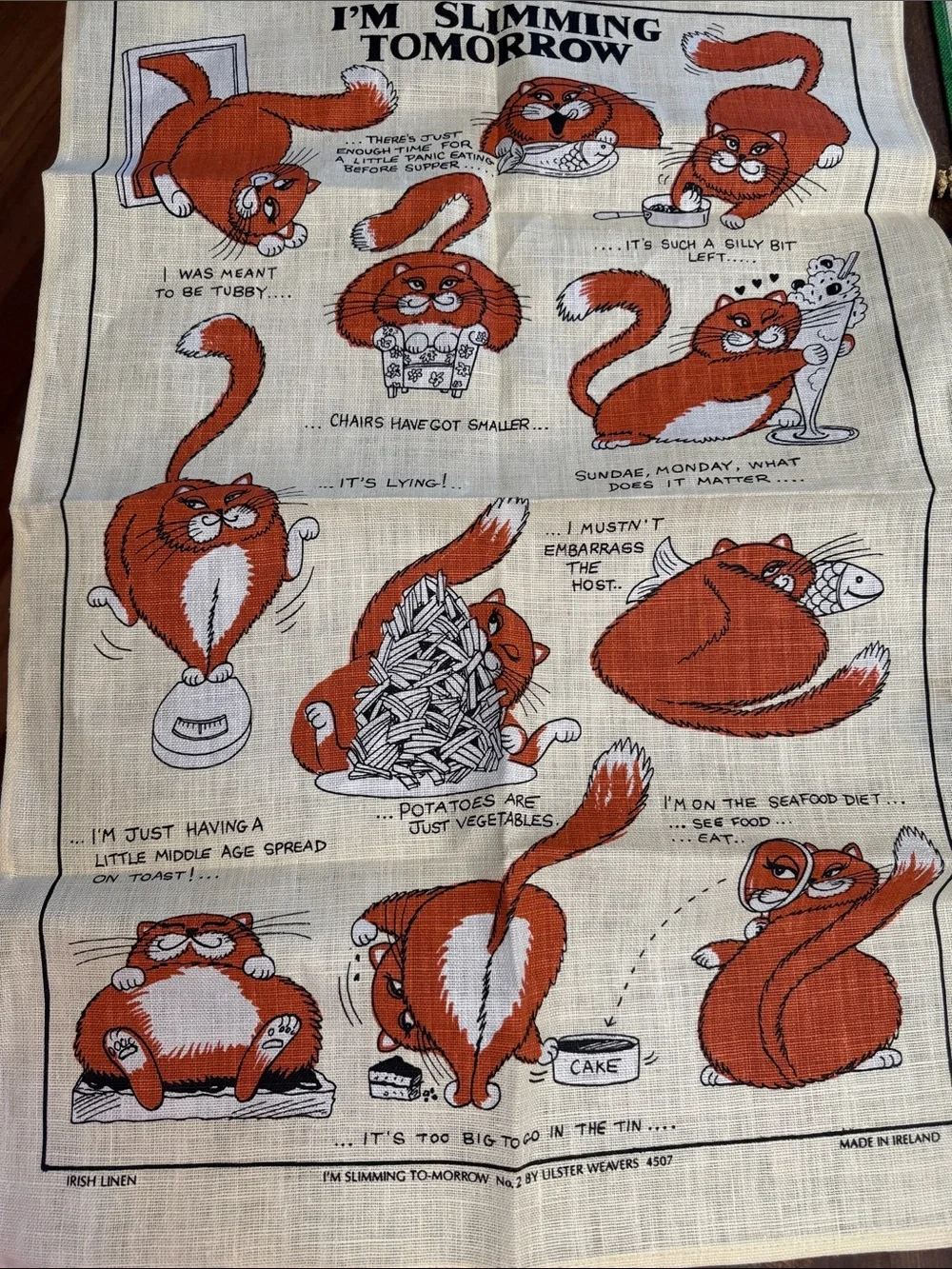 VTG Ulster Weavers Irish Linen Tea Towel I'm Slimming Tomorrow NWOT Cat